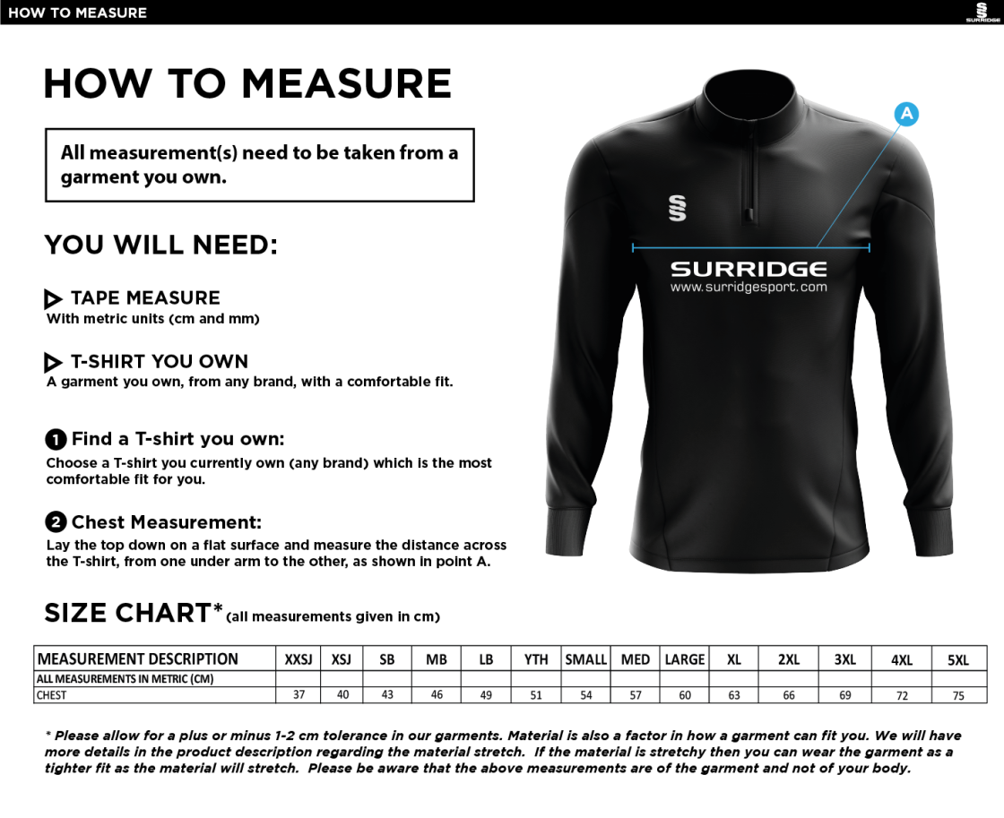 Caterham Cougars Lacrosse Club Blade Performance Top : Black / Purple / White - Size Guide