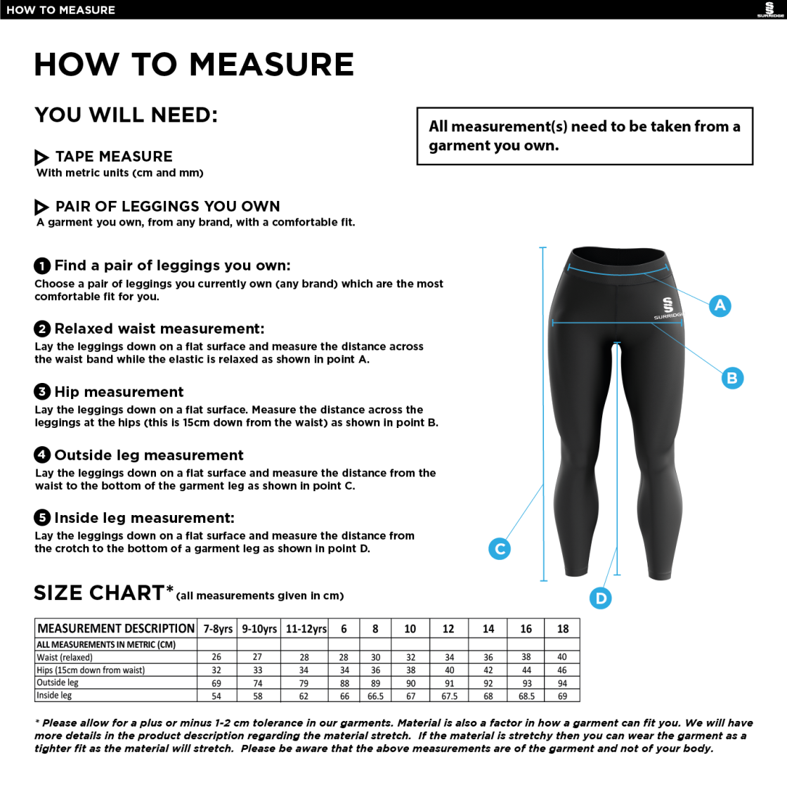 Caterham Cougars Lacrosse Club Performance Full Length Leggings : Black - Size Guide